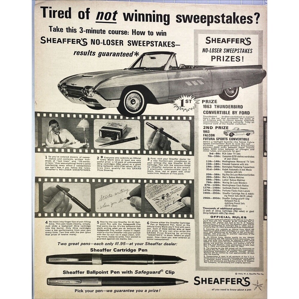 Sheaffer's "All Your Need to Know about a Pen" Sweepstakes Vintage Print Ad 1963